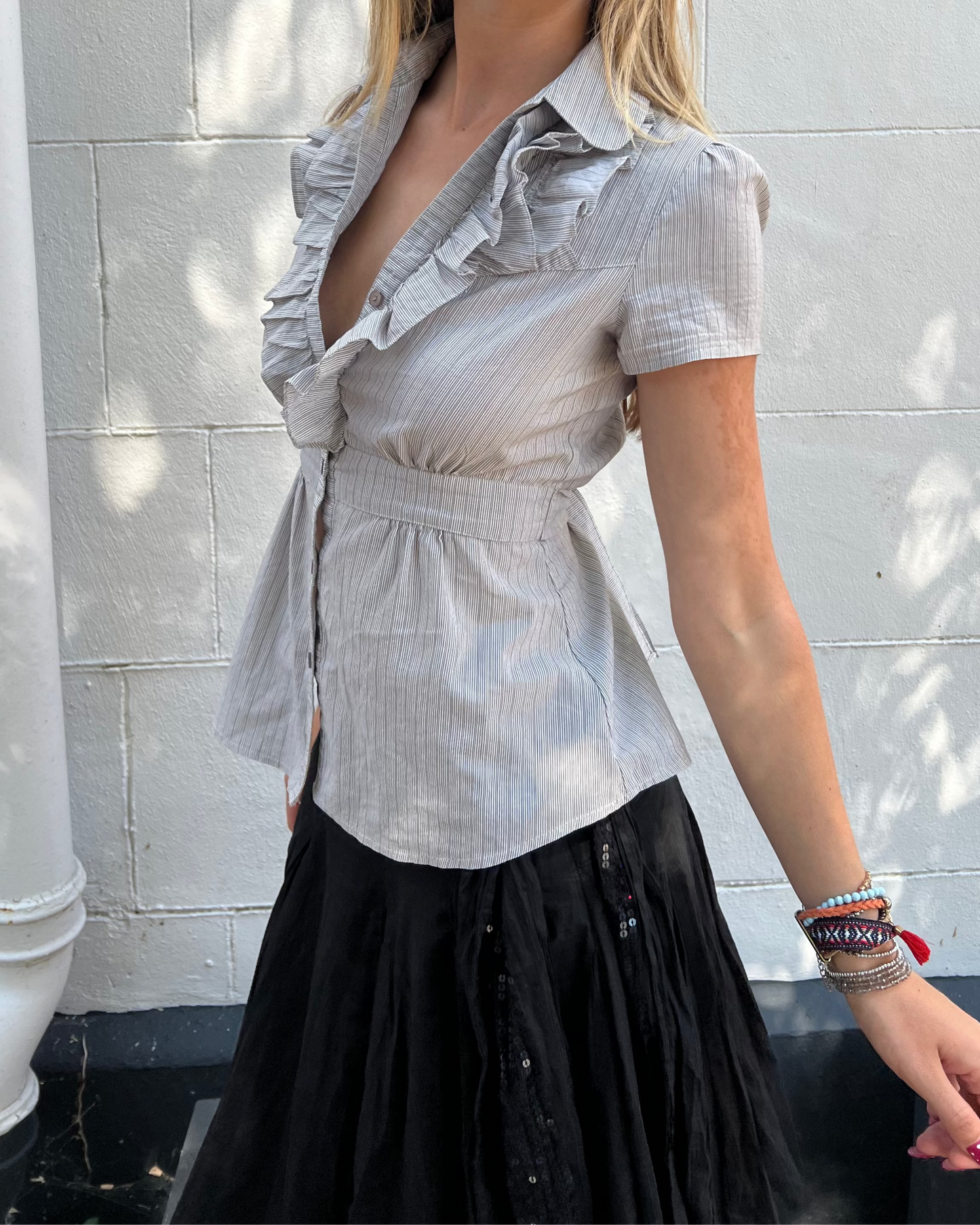 Stripy ruffle button up blouse