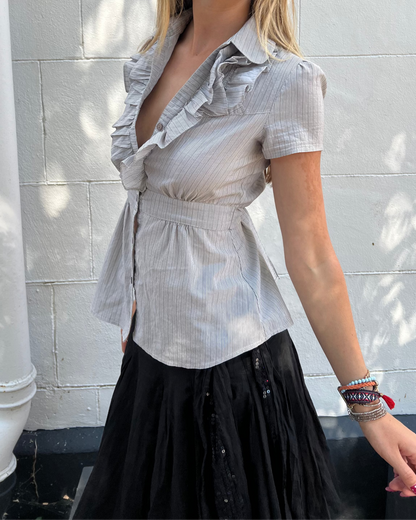 Stripy ruffle button up blouse