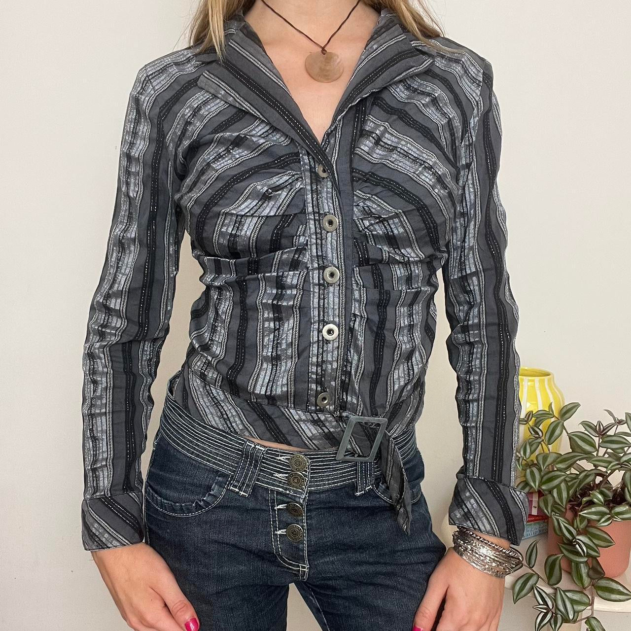 y2k striped button up blouse