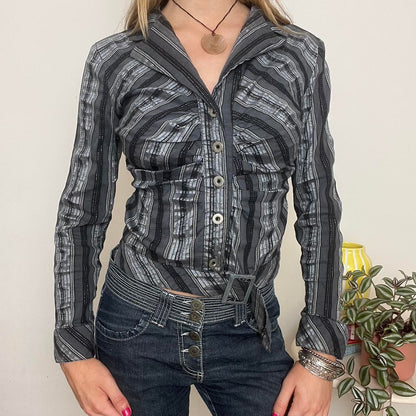 y2k striped button up blouse