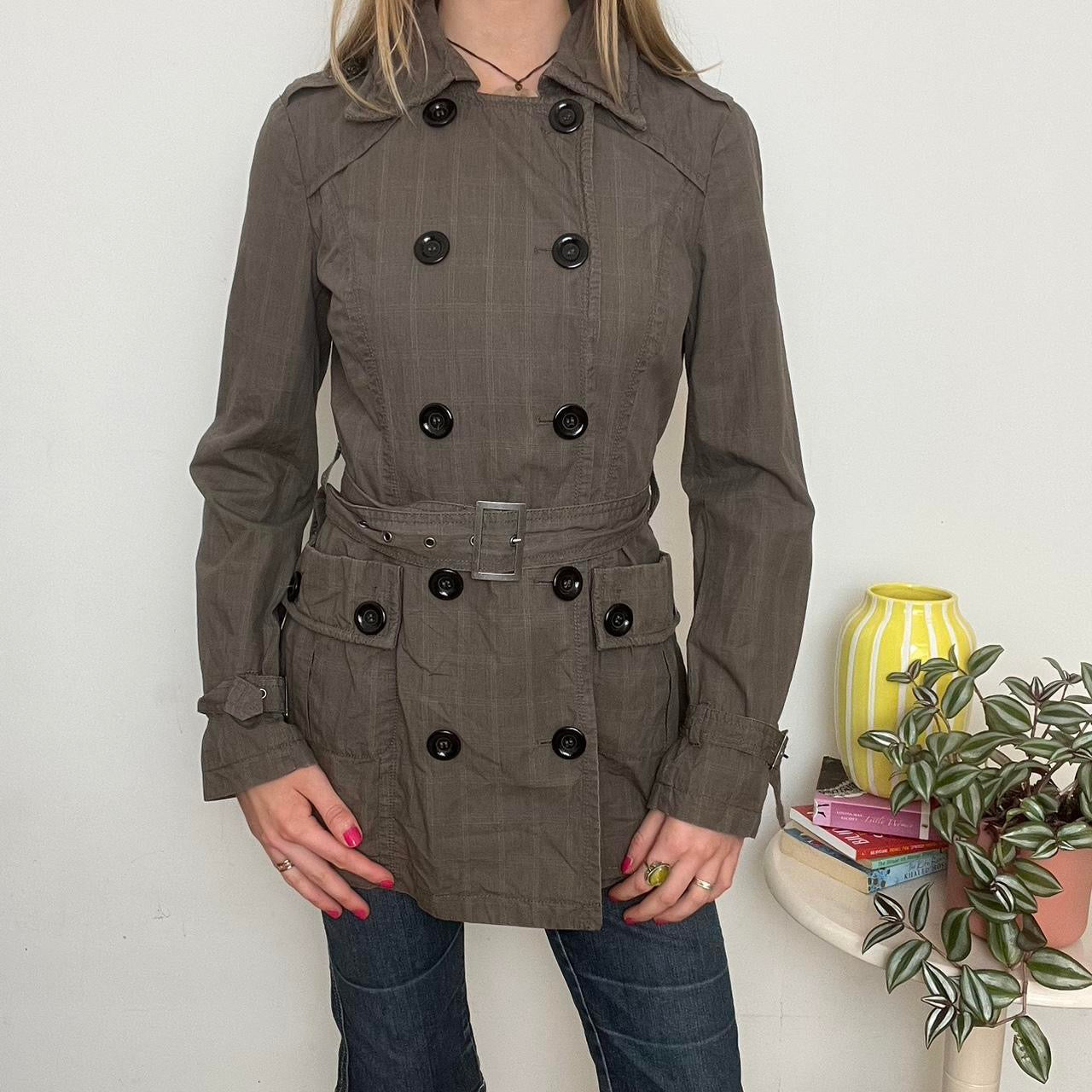 'Clockhouse' plaid khaki trench coat