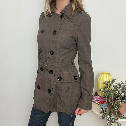 'Clockhouse' plaid khaki trench coat