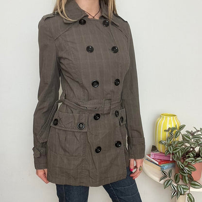 'Clockhouse' plaid khaki trench coat