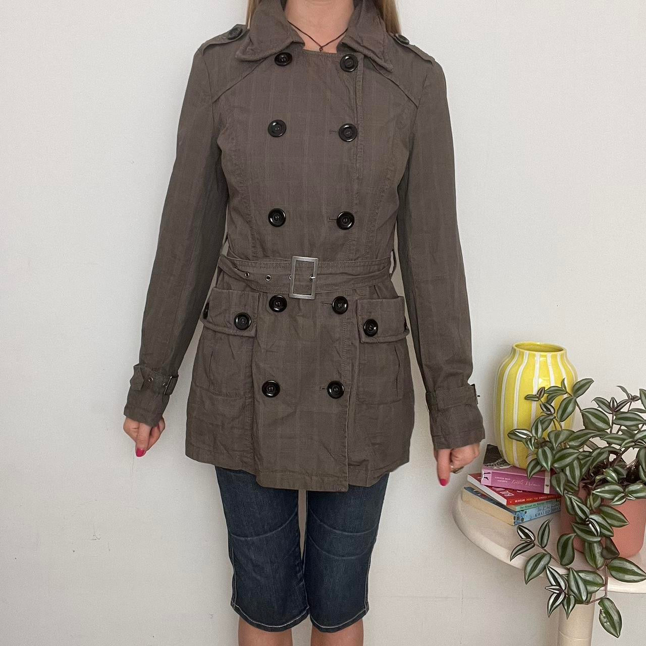 'Clockhouse' plaid khaki trench coat