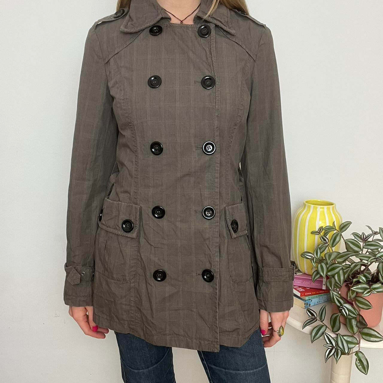 'Clockhouse' plaid khaki trench coat