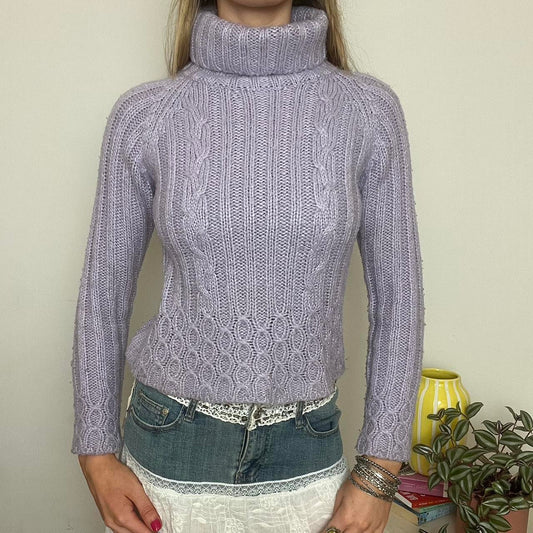 lilac cable knit turtleneck sweater