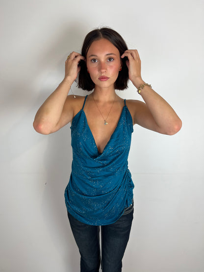 Vintage teal sparkly cowl neck top, M