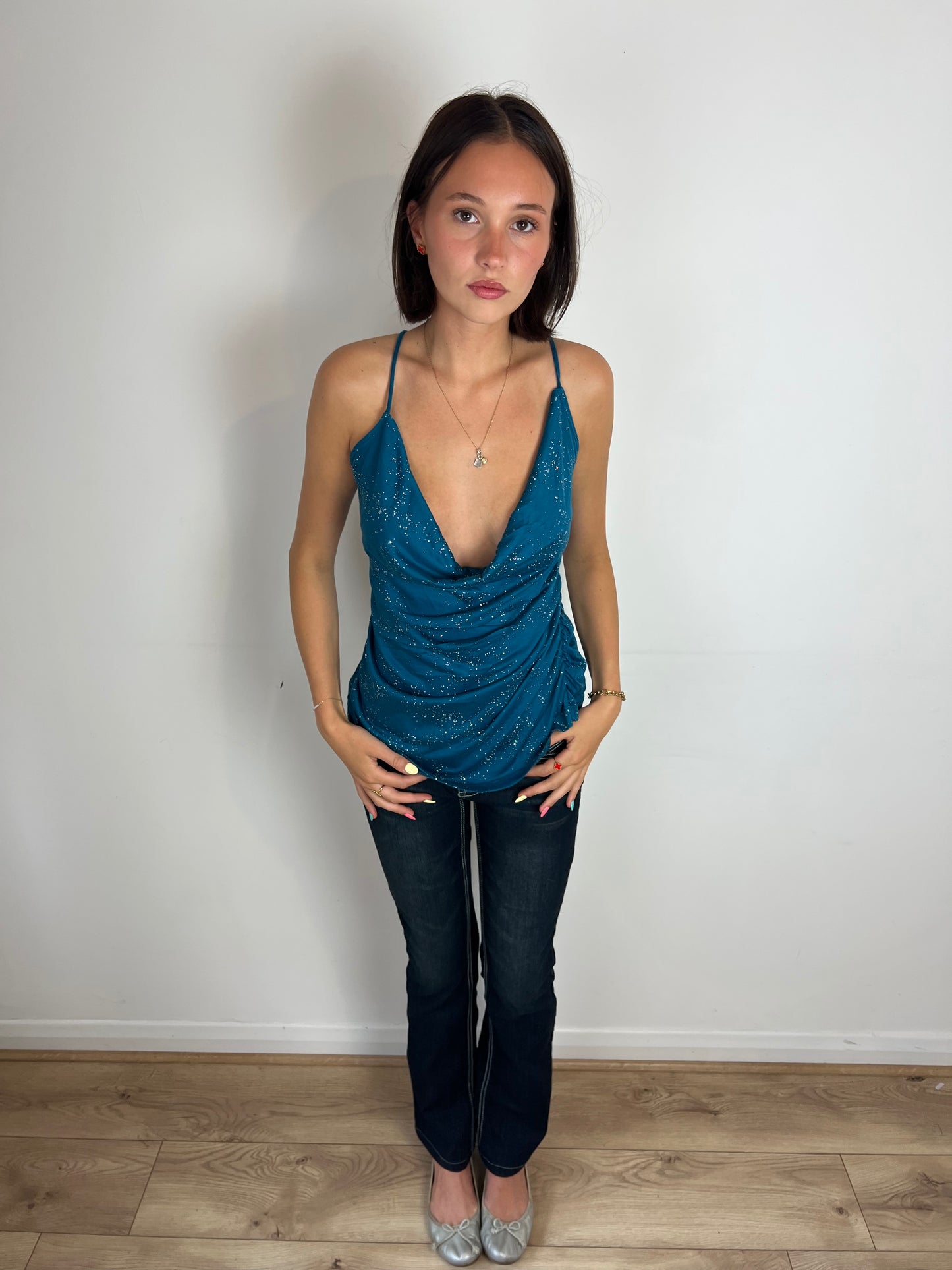 Vintage teal sparkly cowl neck top, M