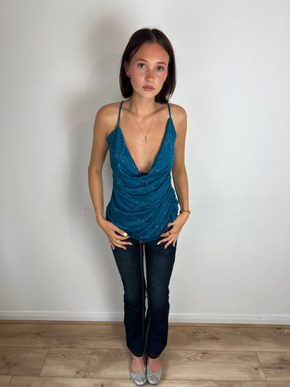 Vintage teal sparkly cowl neck top, M