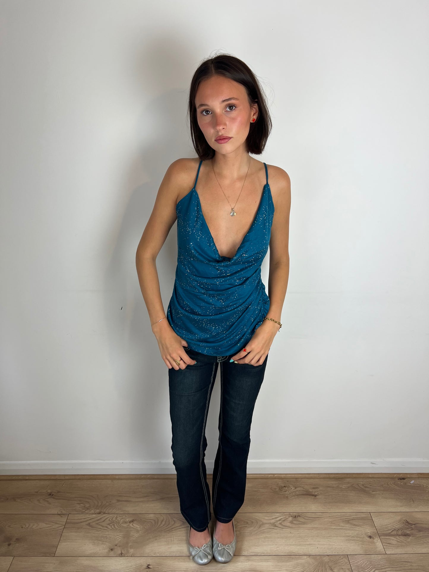 Vintage teal sparkly cowl neck top, M