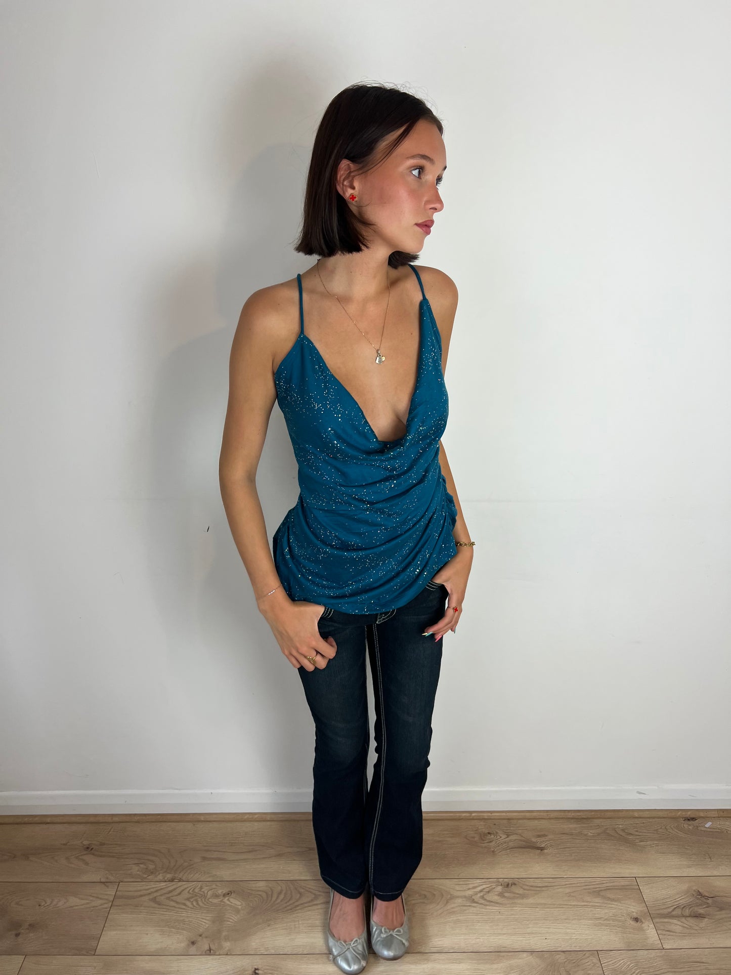Vintage teal sparkly cowl neck top, M