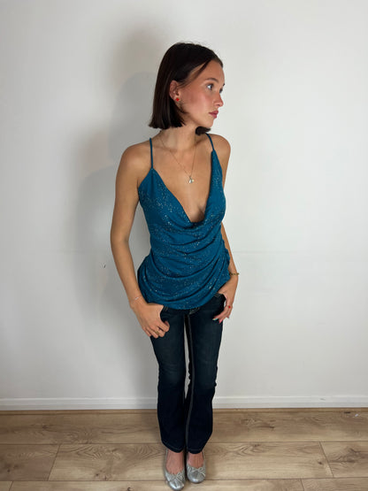 Vintage teal sparkly cowl neck top, M