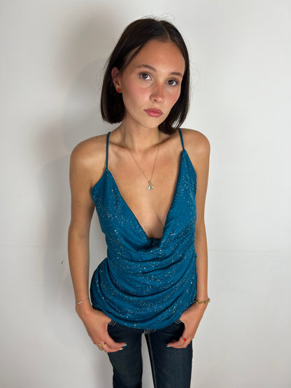 Vintage teal sparkly cowl neck top, M