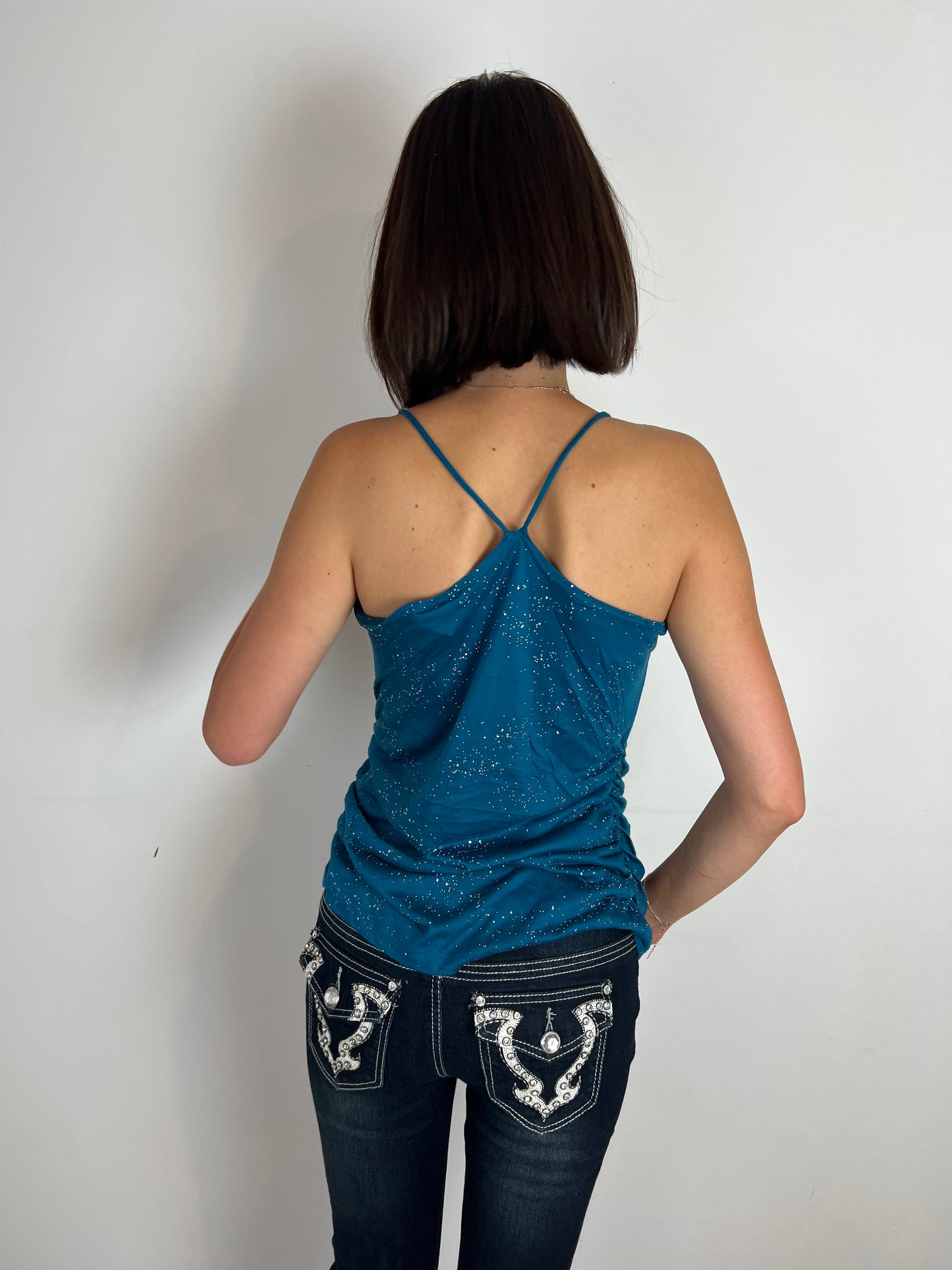 Vintage teal sparkly cowl neck top, M