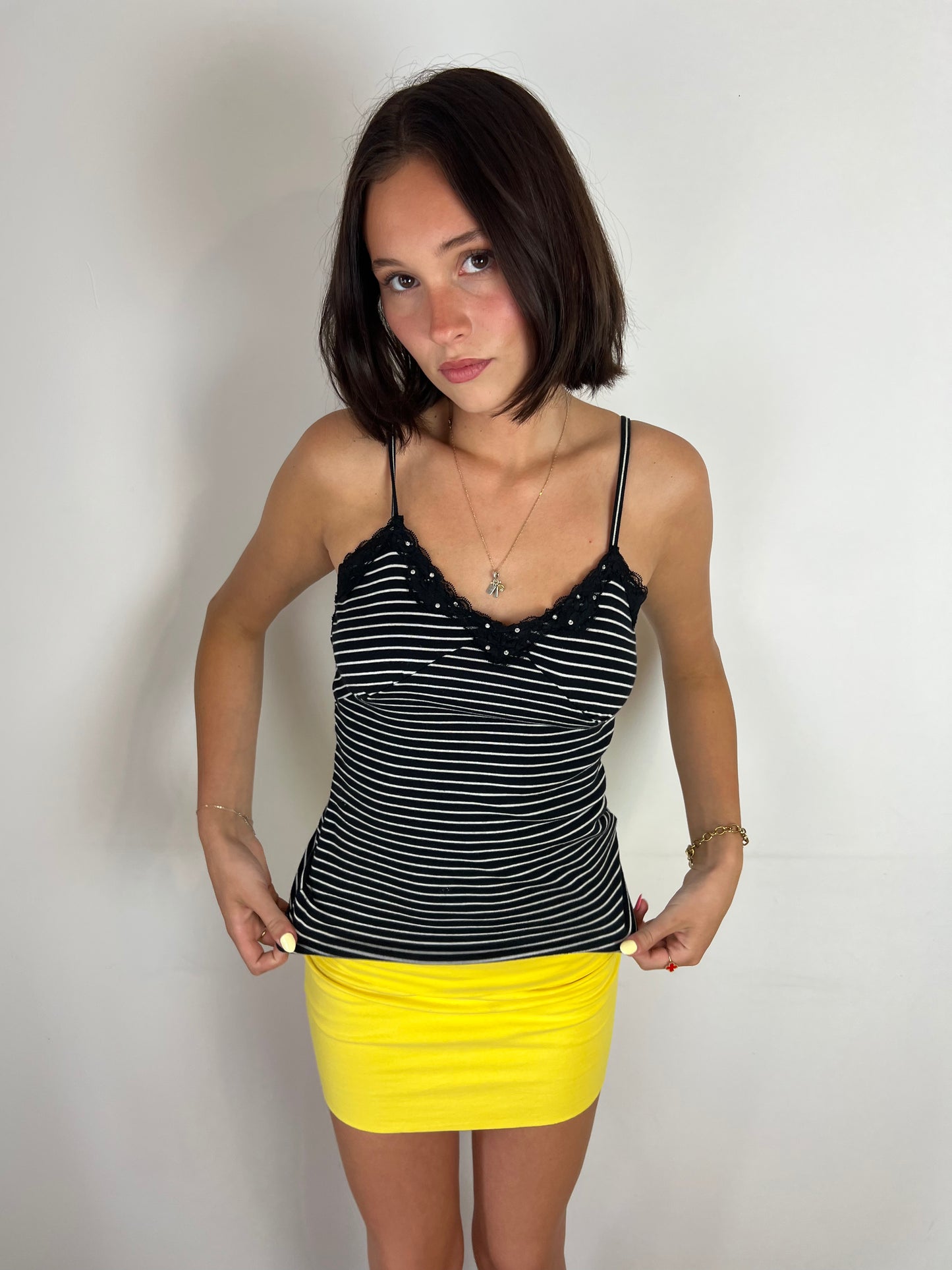 Vintage striped lace trim cami top, S