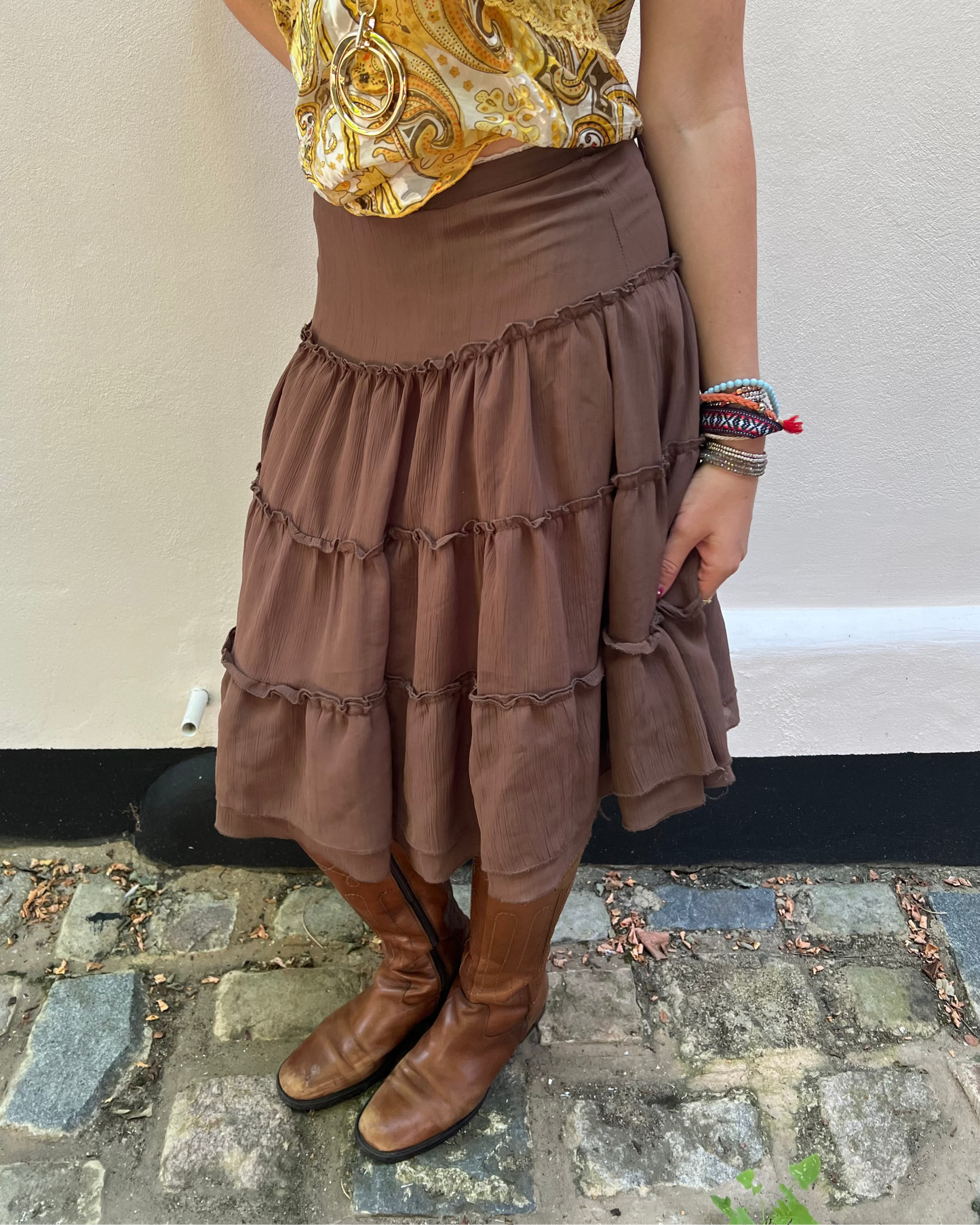 Brown tiered midi skirt