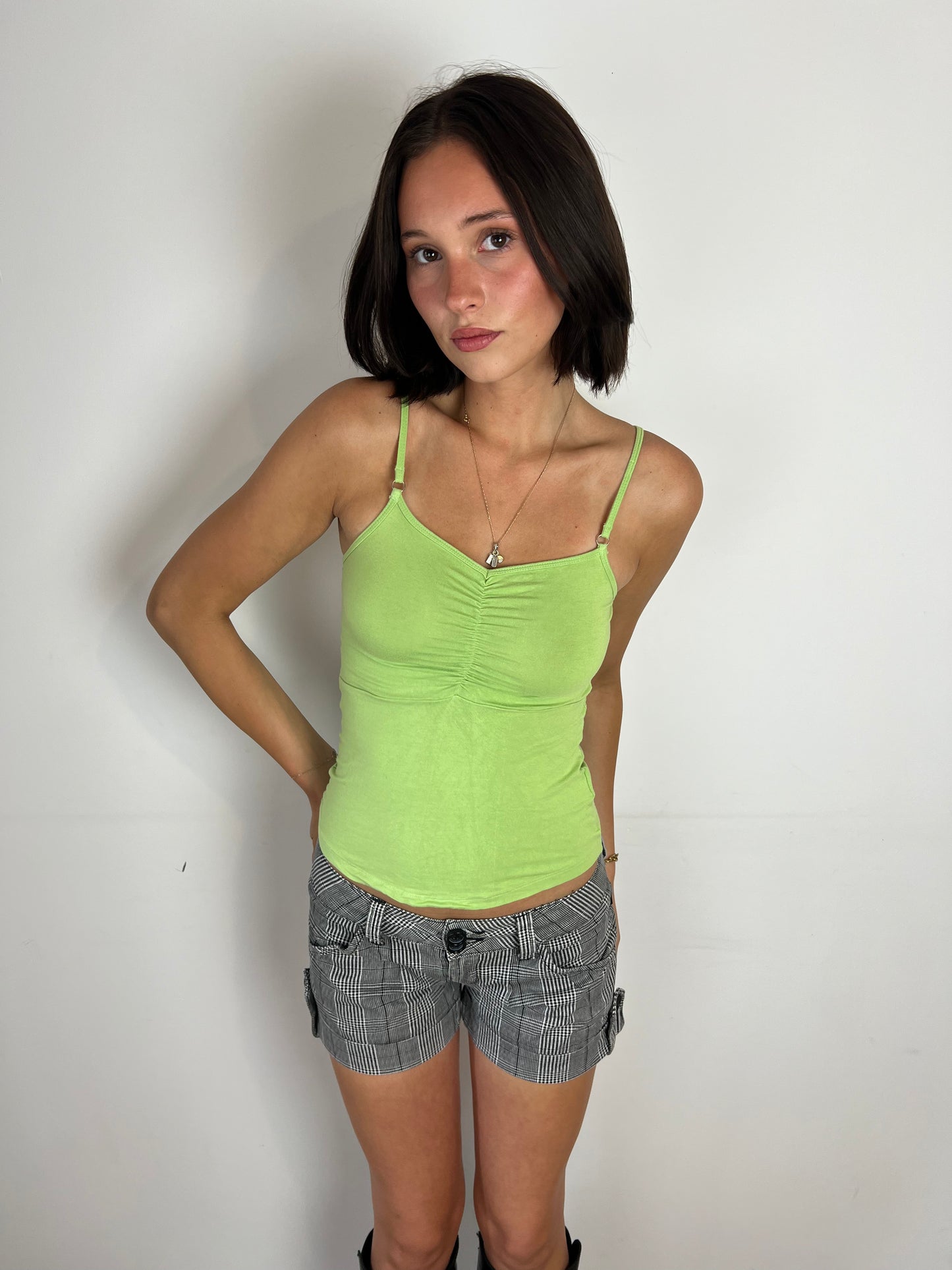 Vintage green ruched cami top, S/M
