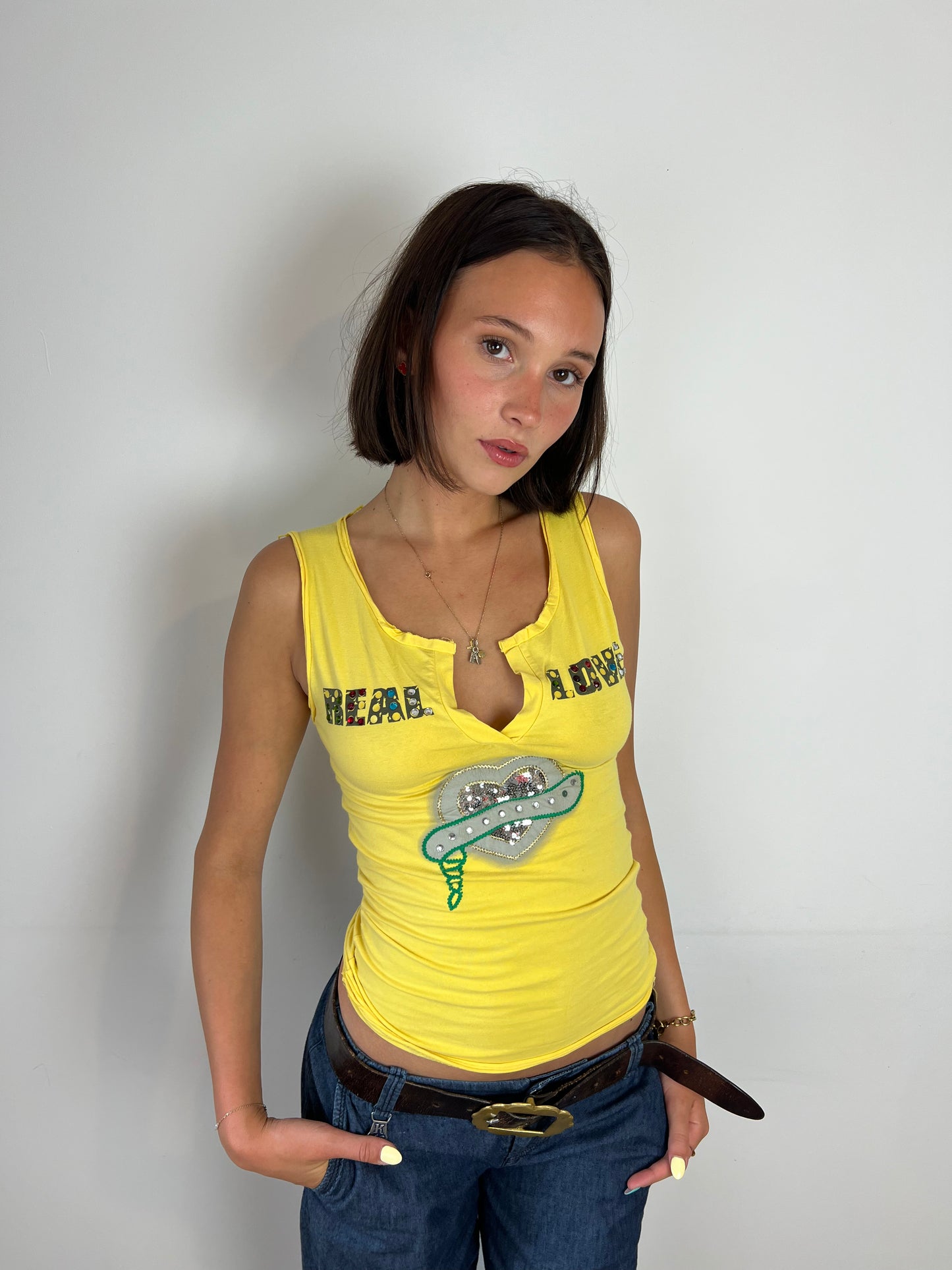 Vintage yellow 'Real Love' graphic top, S/M
