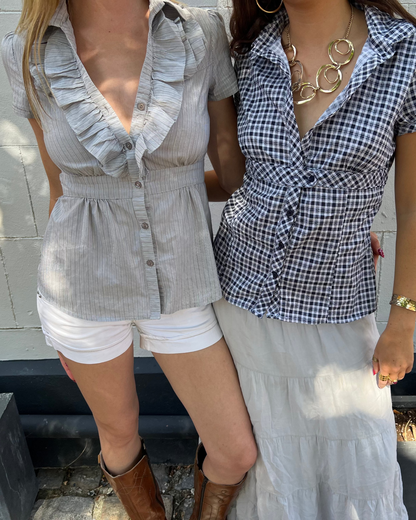 Stripy ruffle button up blouse