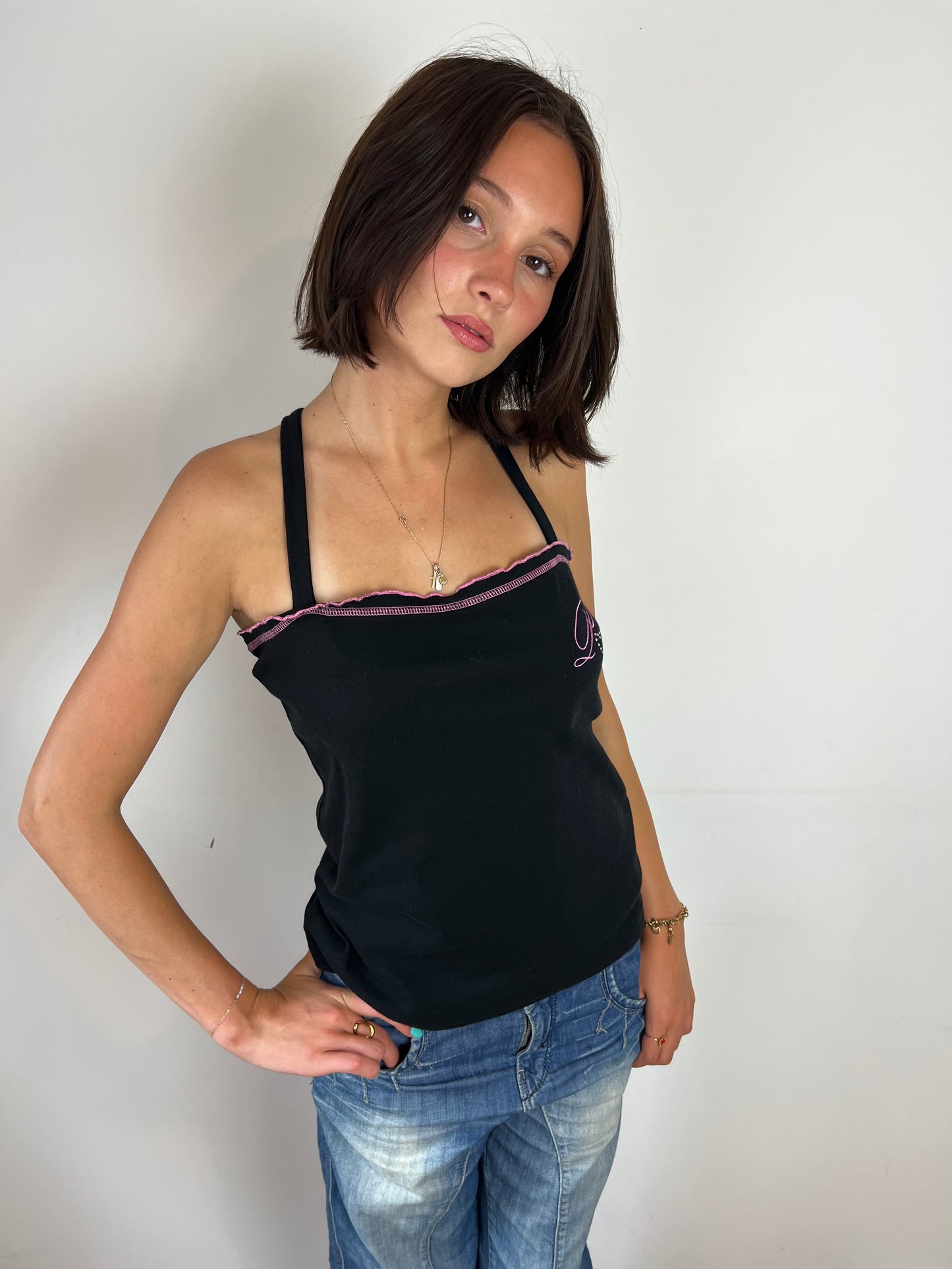 Pineapple black and pink top, L