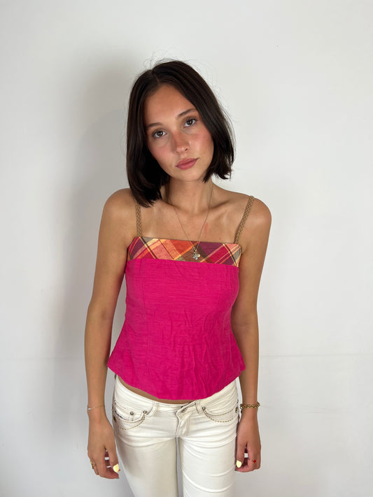 Vintage plaid trim pink top, S