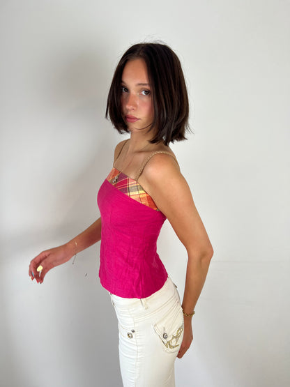 Vintage plaid trim pink top, S