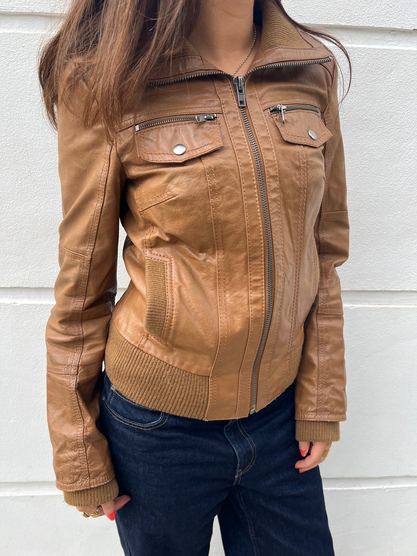 vintage brown leather bomber jacket, S