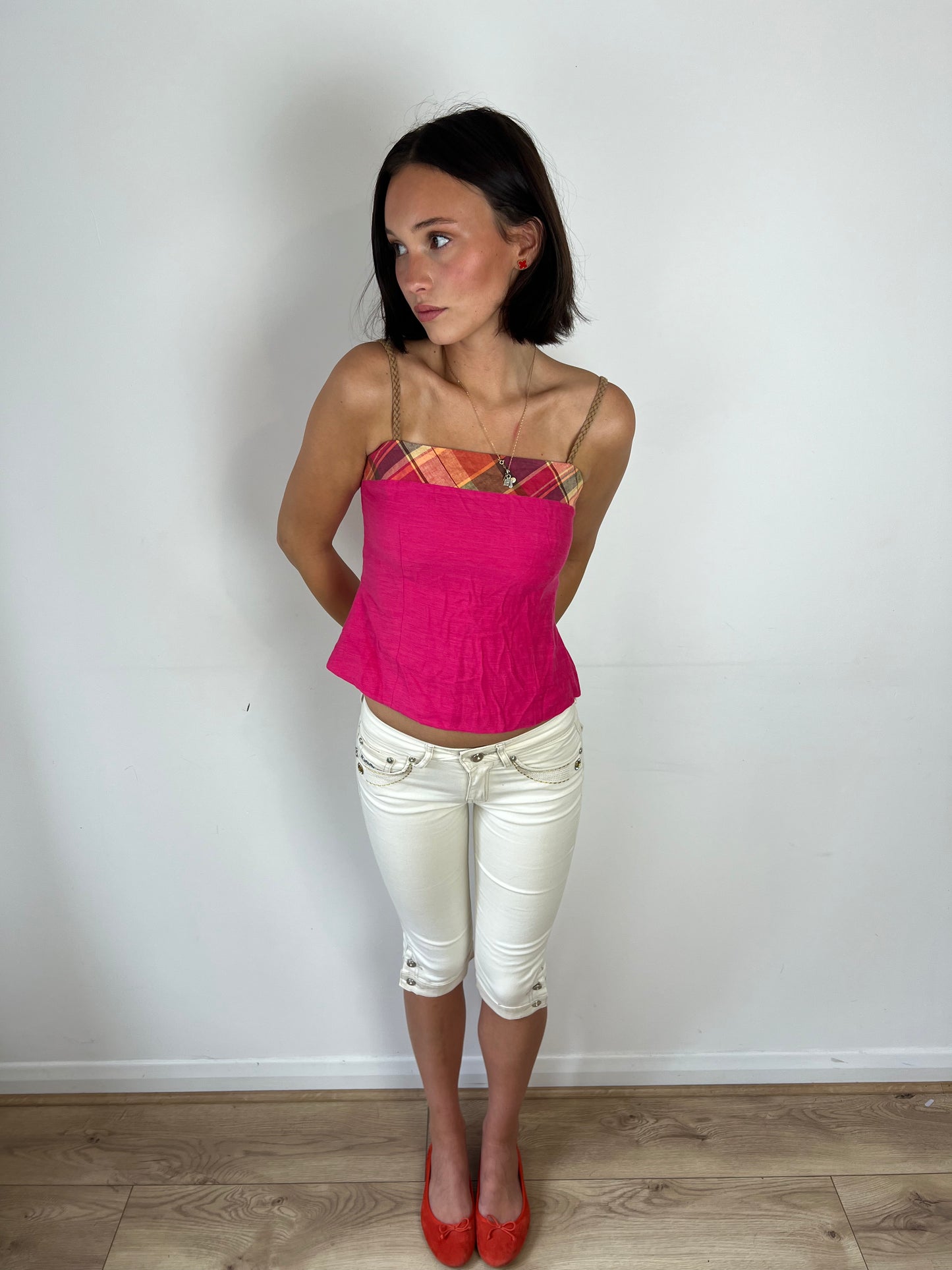 Vintage plaid trim pink top, S