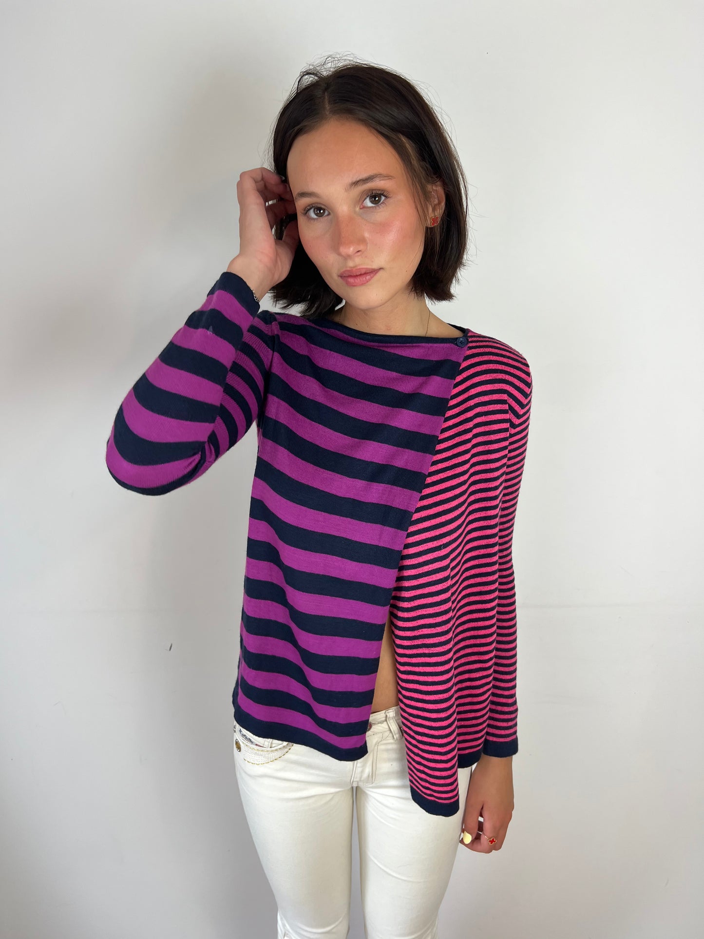 Benetton pink striped knit top, S