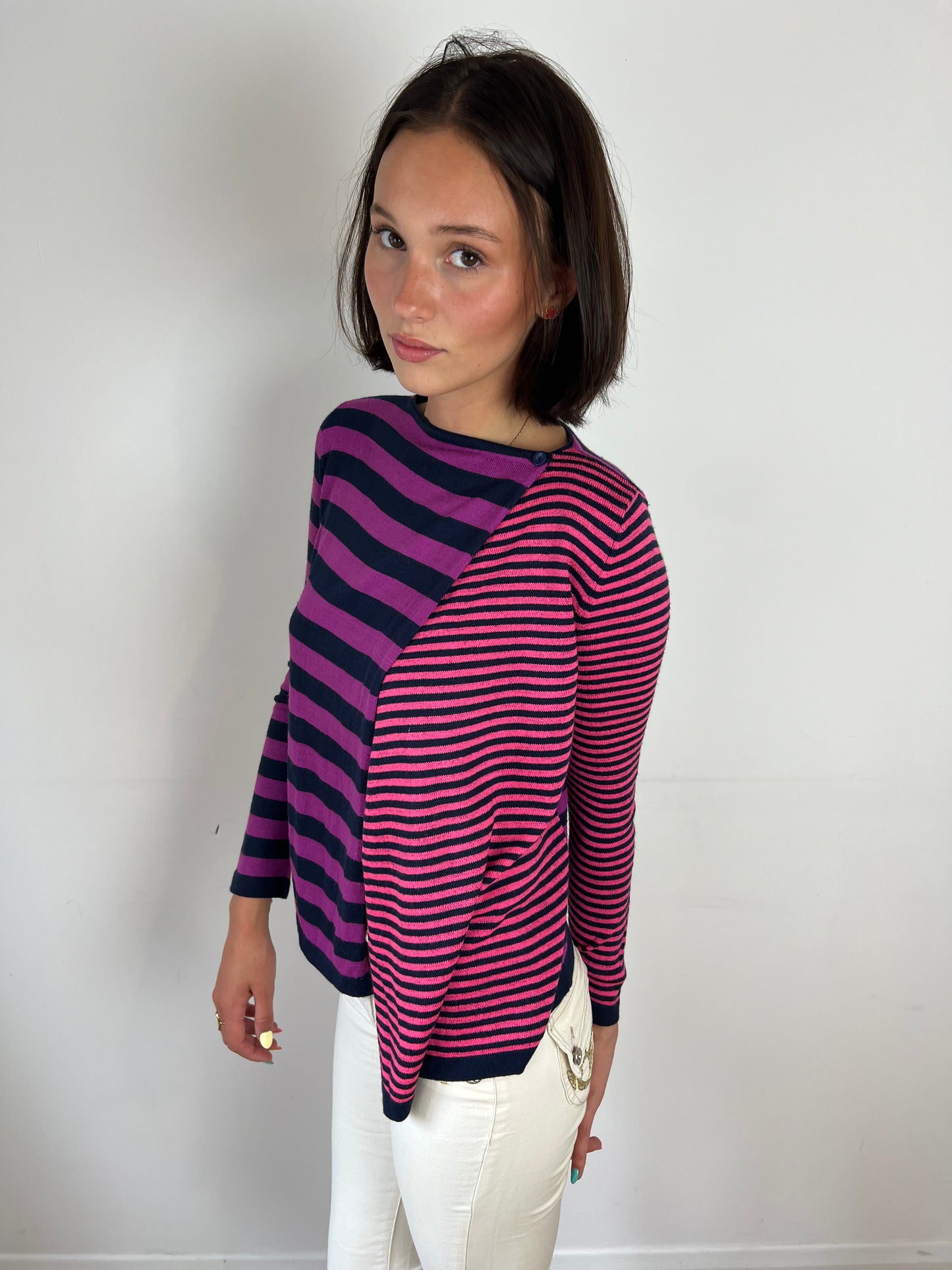 Benetton pink striped knit top, S