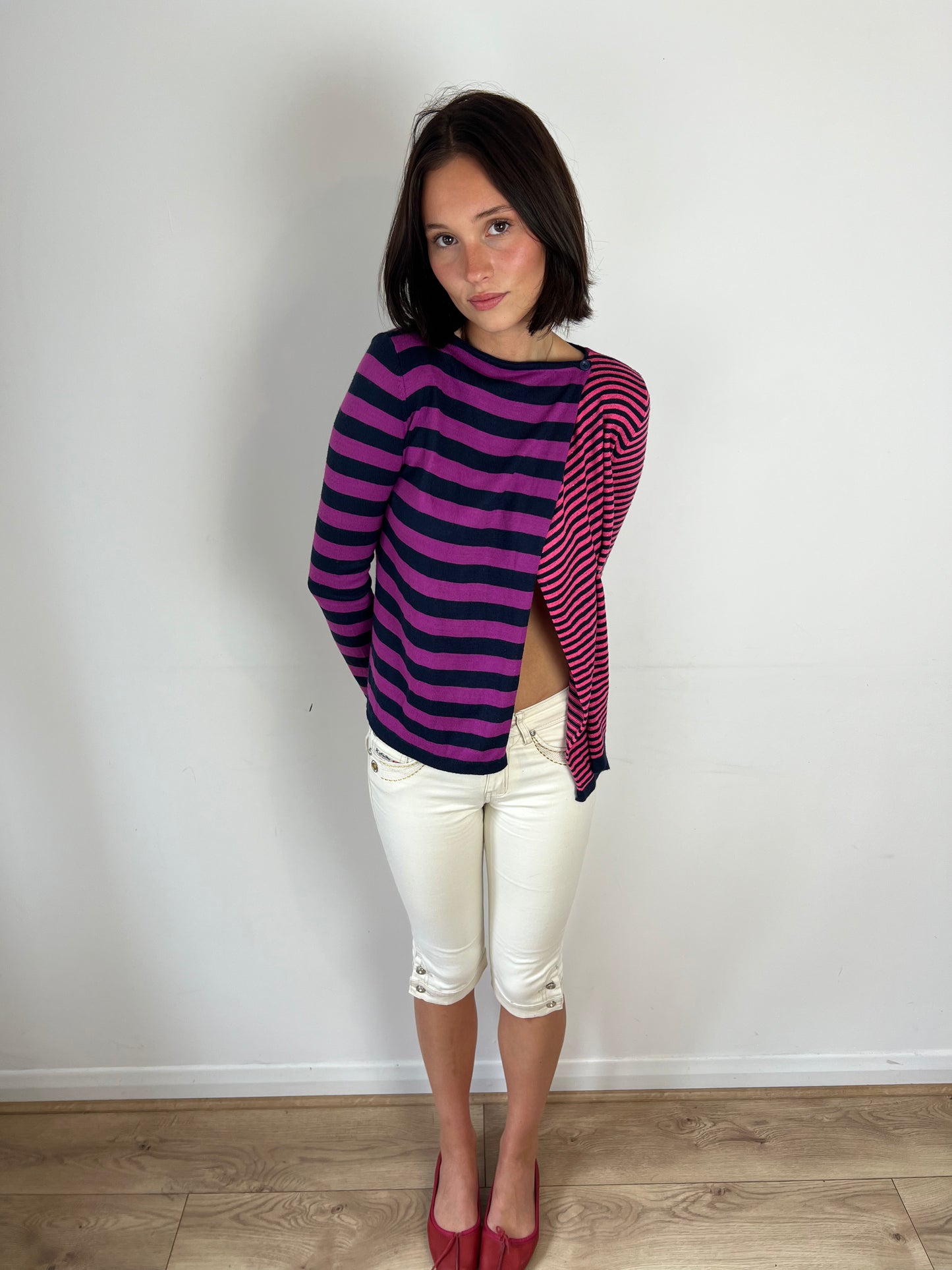 Benetton pink striped knit top, S