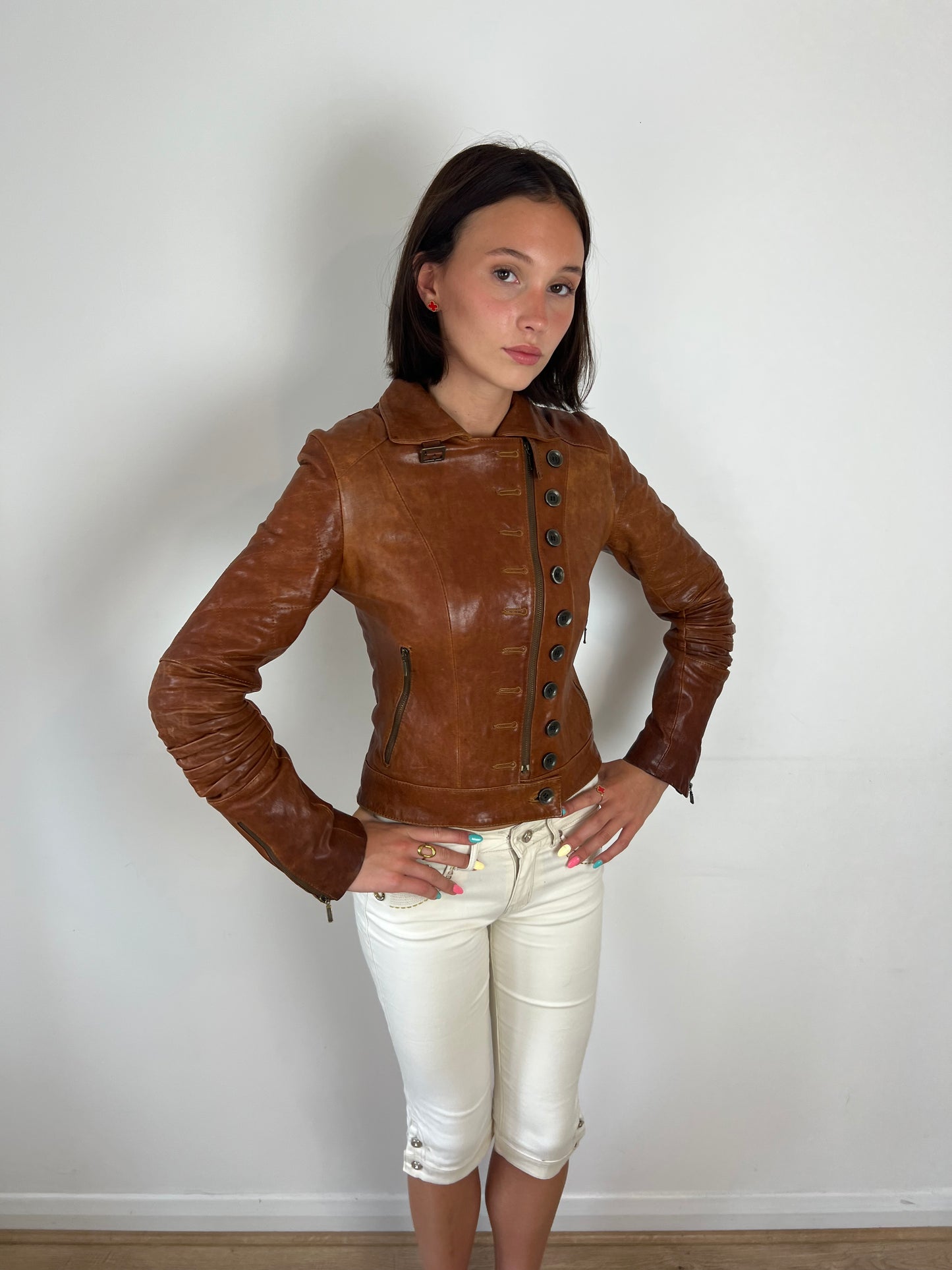 Vintage brown leather military jacket, XS