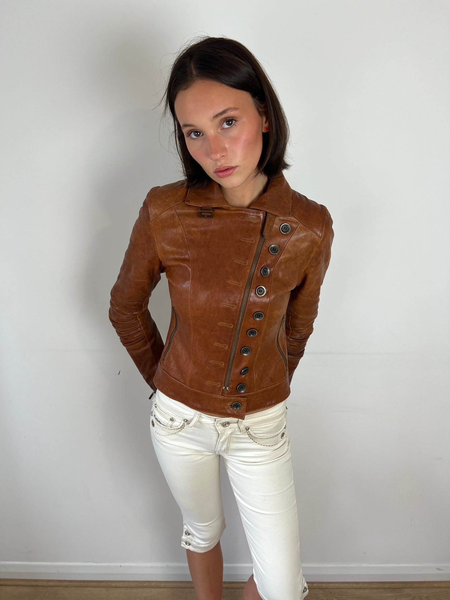 Vintage brown leather military jacket, XS