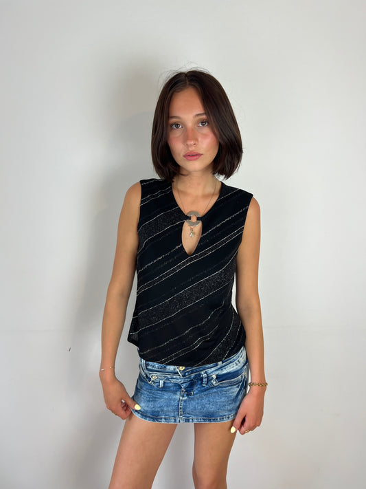 Vintage black sparkly top, L