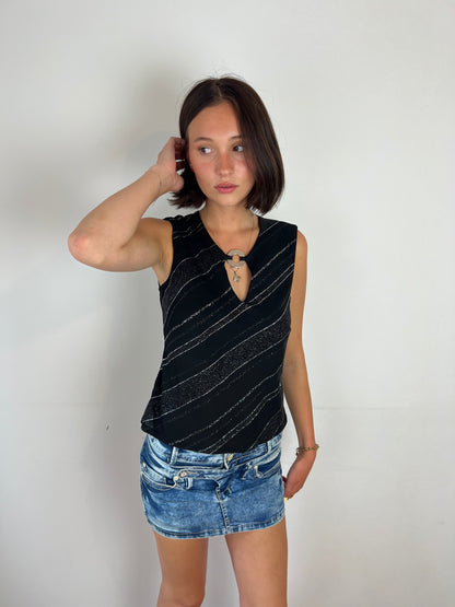 Vintage black sparkly top, L