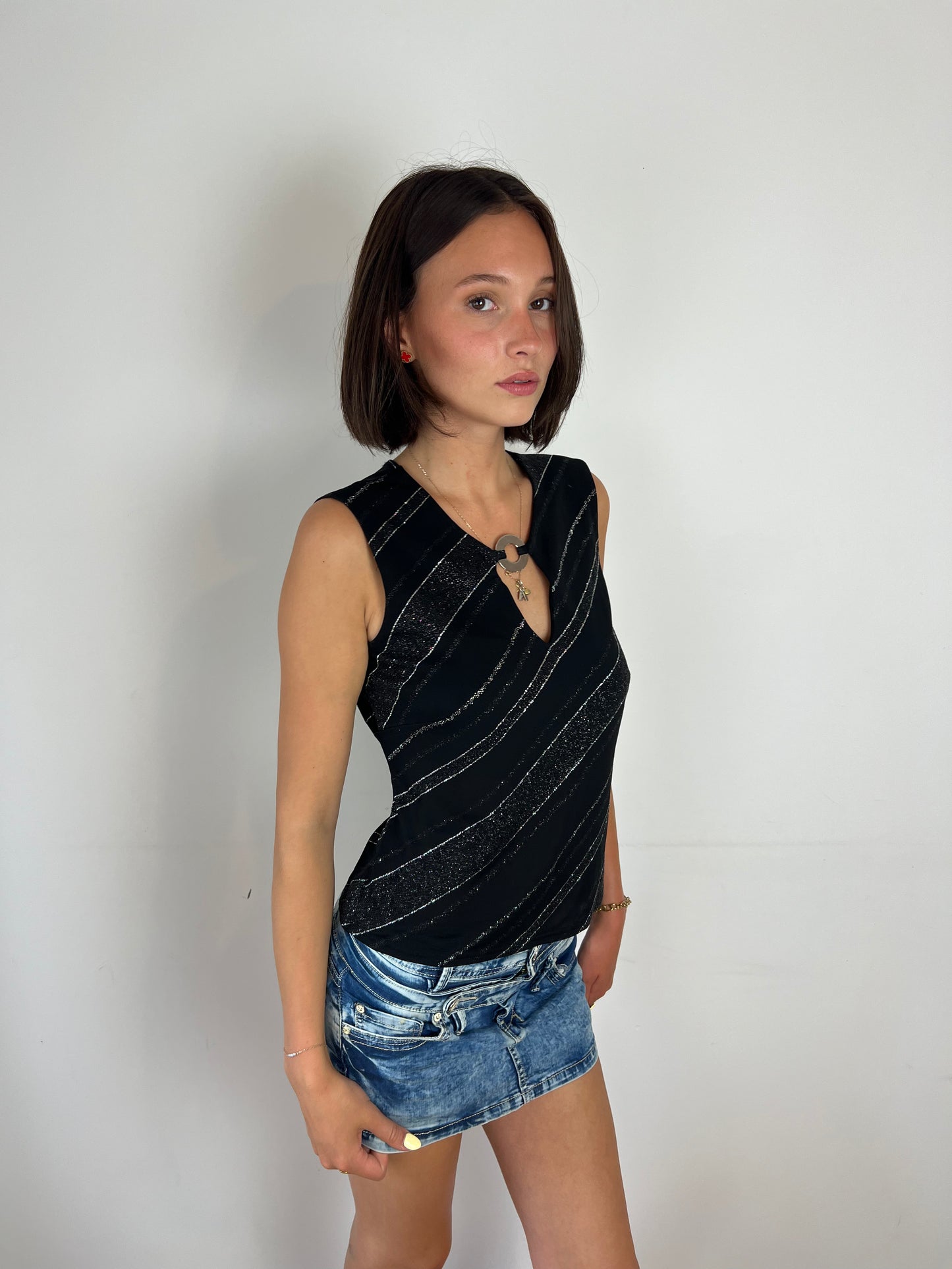 Vintage black sparkly top, L