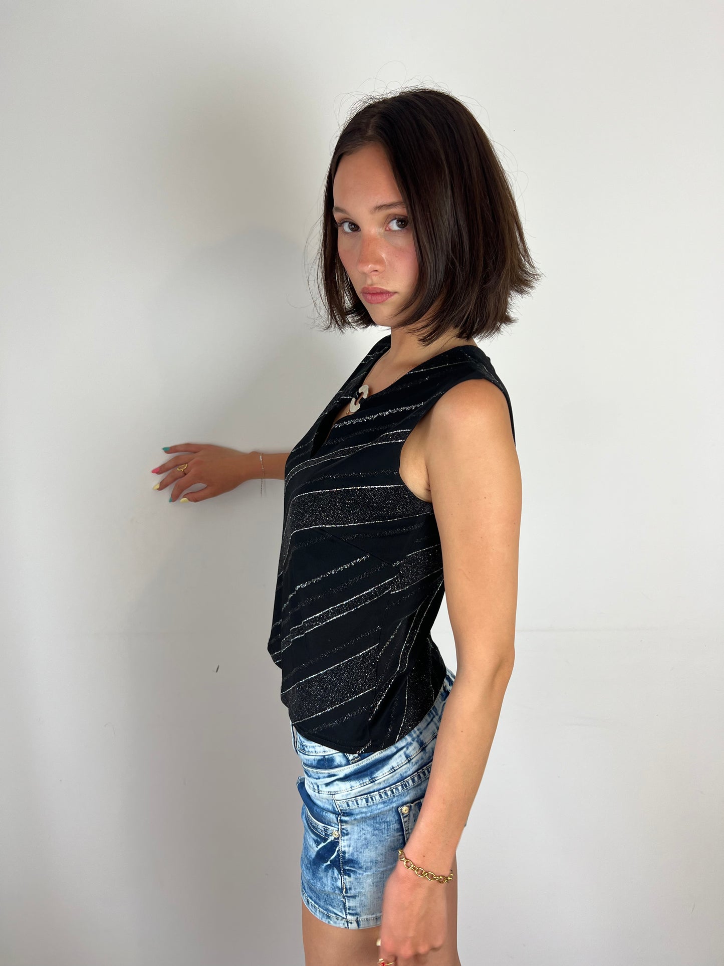 Vintage black sparkly top, L