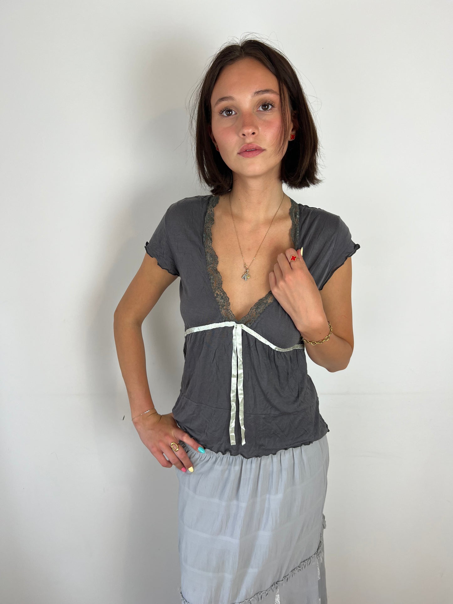 Vintage grey lace trim top, S/M