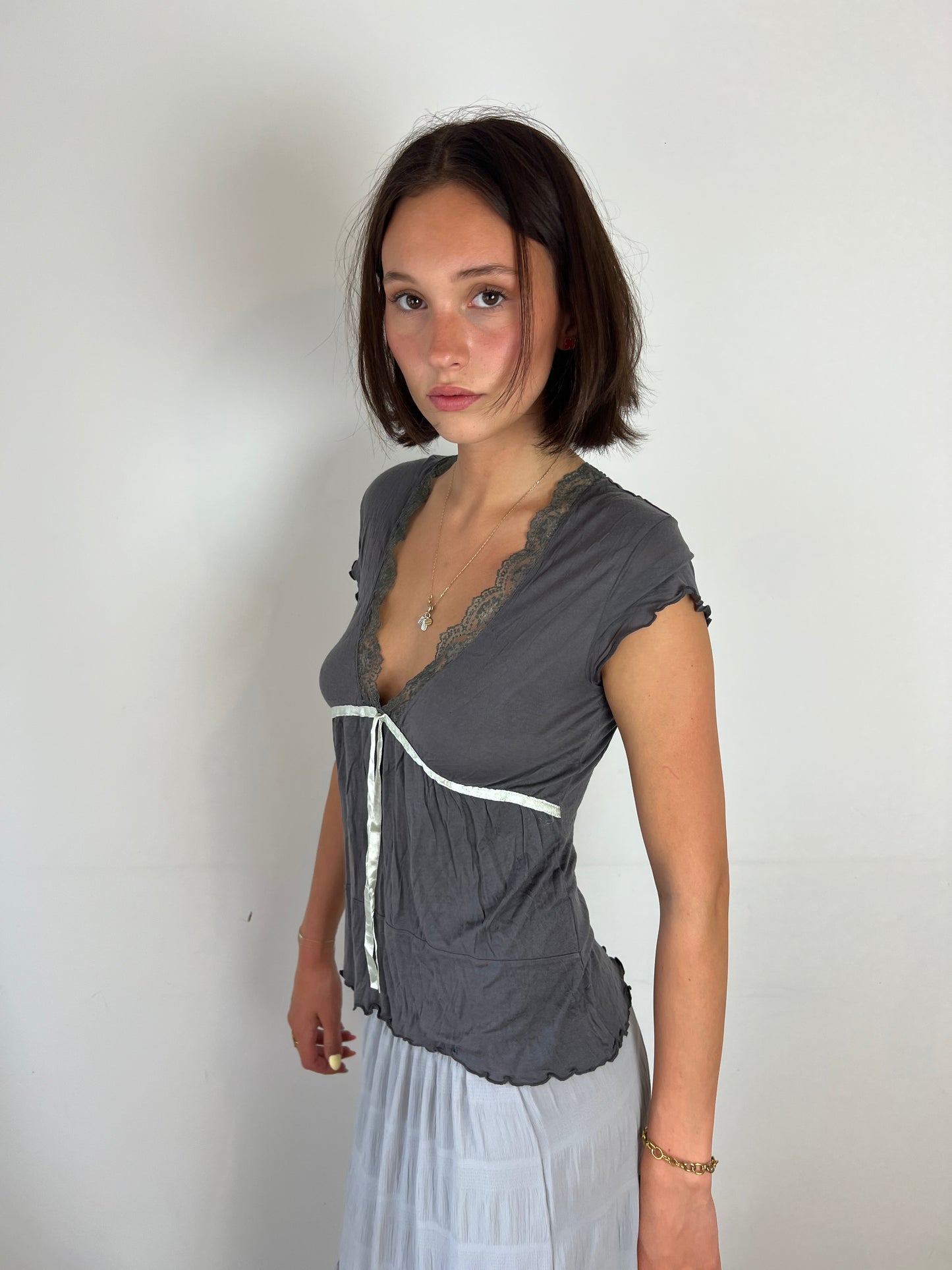 Vintage grey lace trim top, S/M