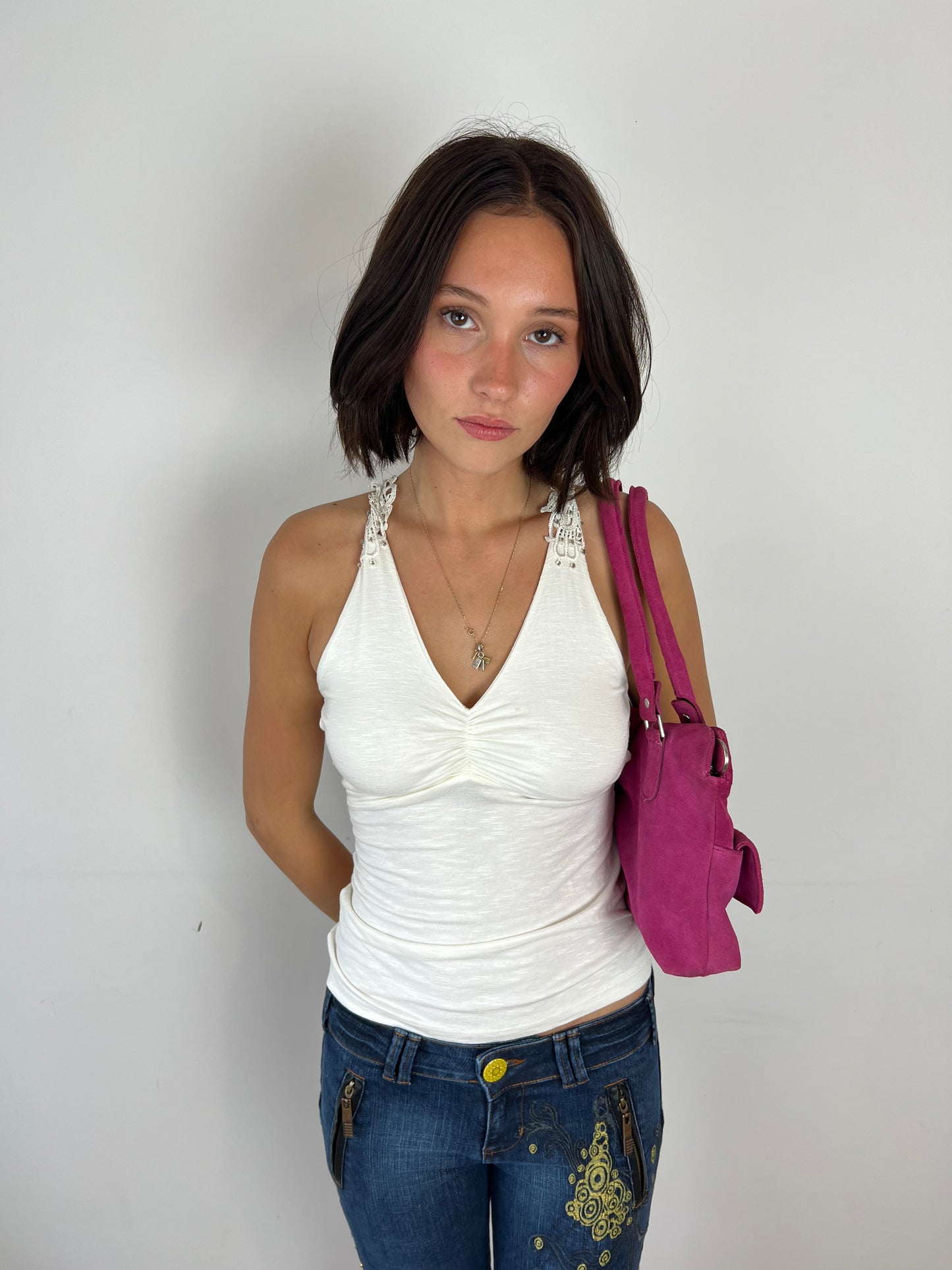Vintage lace cutout white top, S