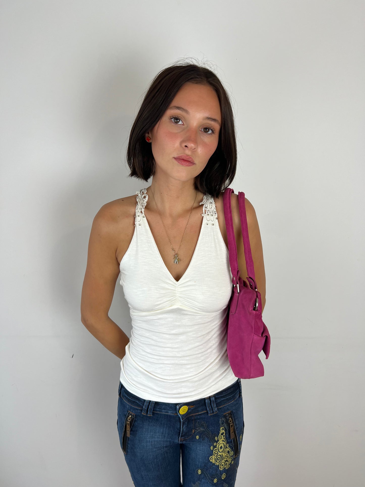 Vintage lace cutout white top, S