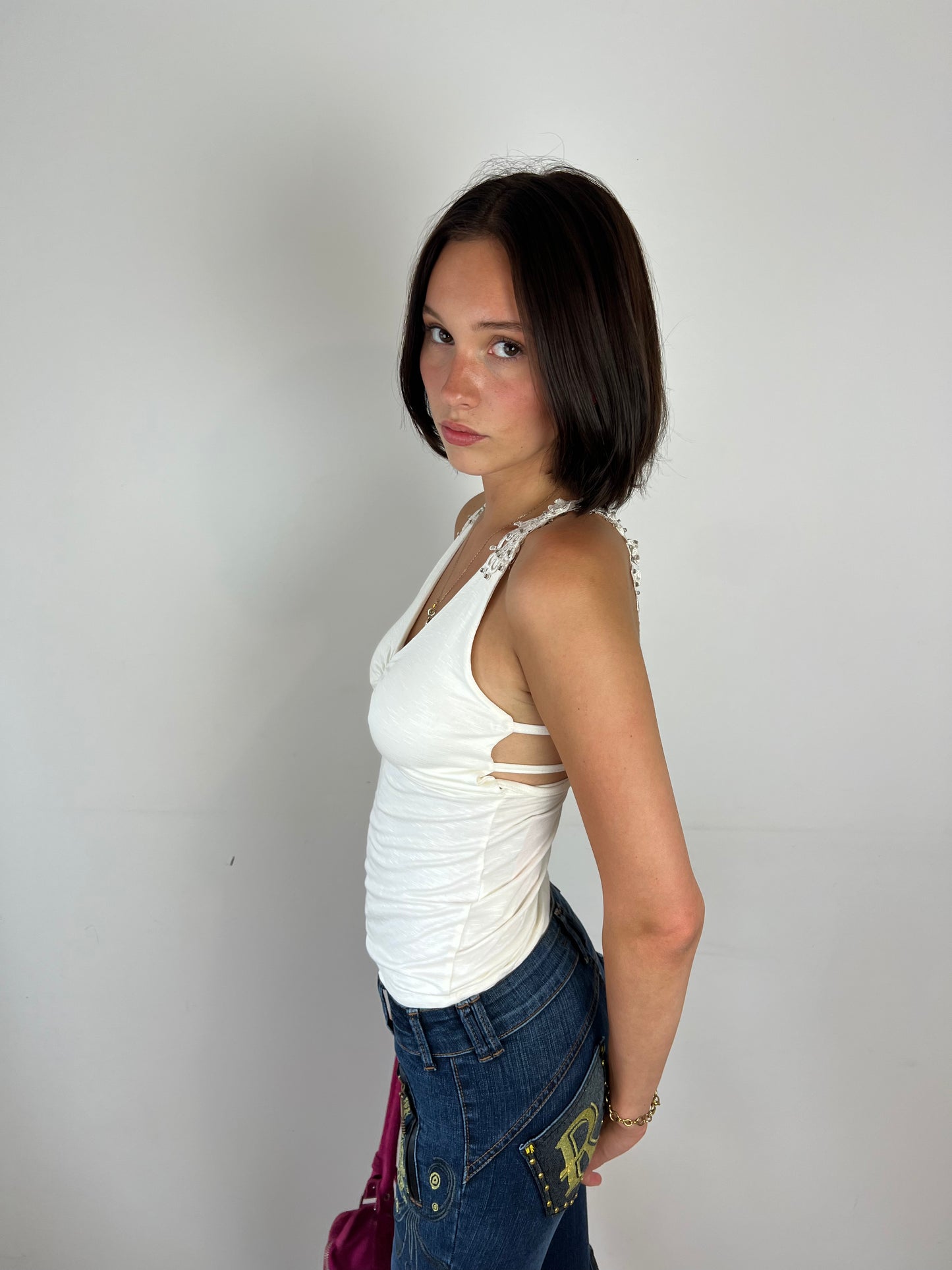 Vintage lace cutout white top, S
