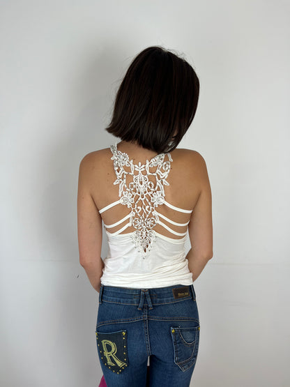 Vintage lace cutout white top, S