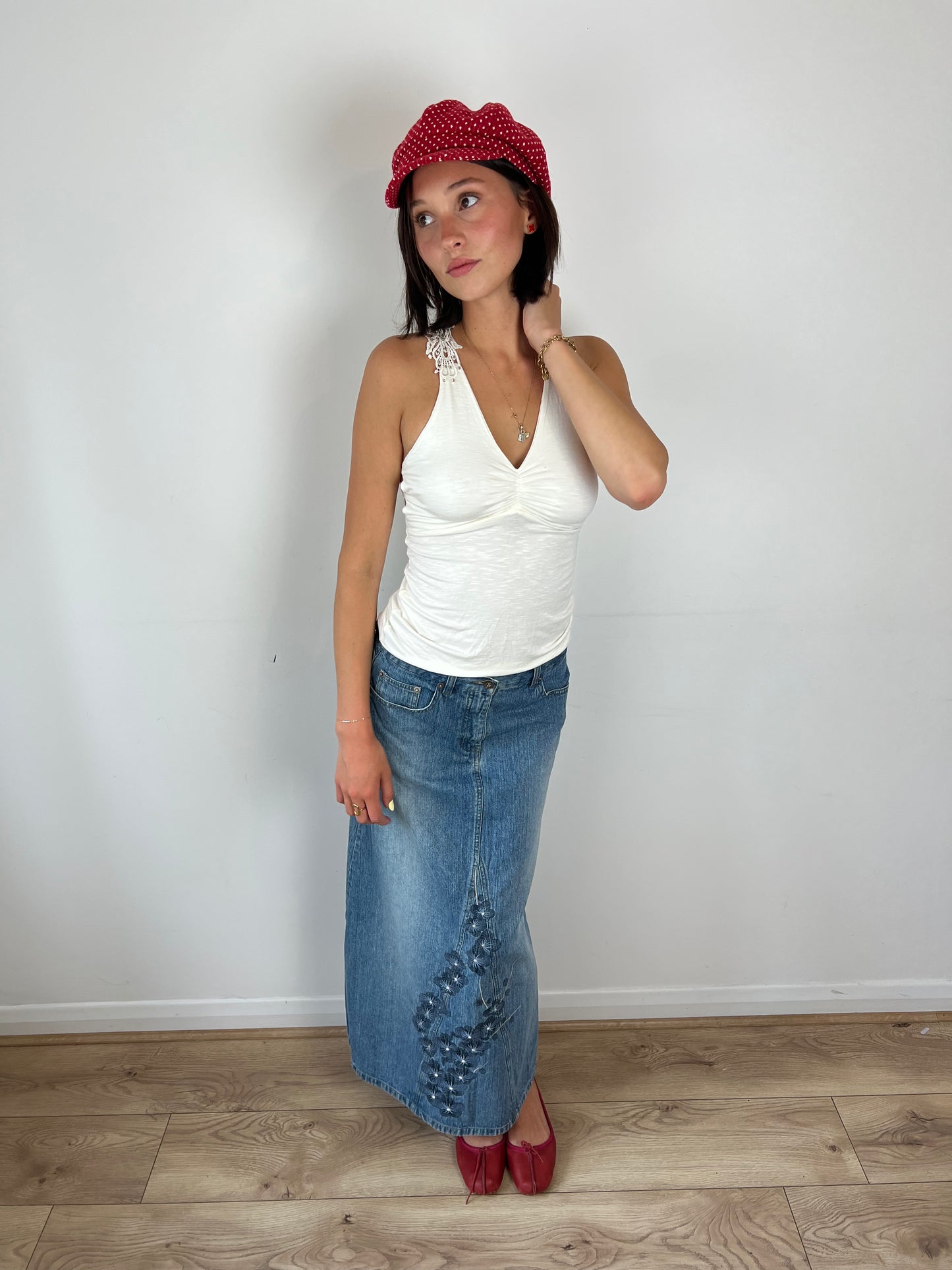 Vintage denim floral embroidered maxi skirt, S/M