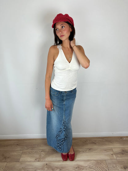 Vintage denim floral embroidered maxi skirt, S/M