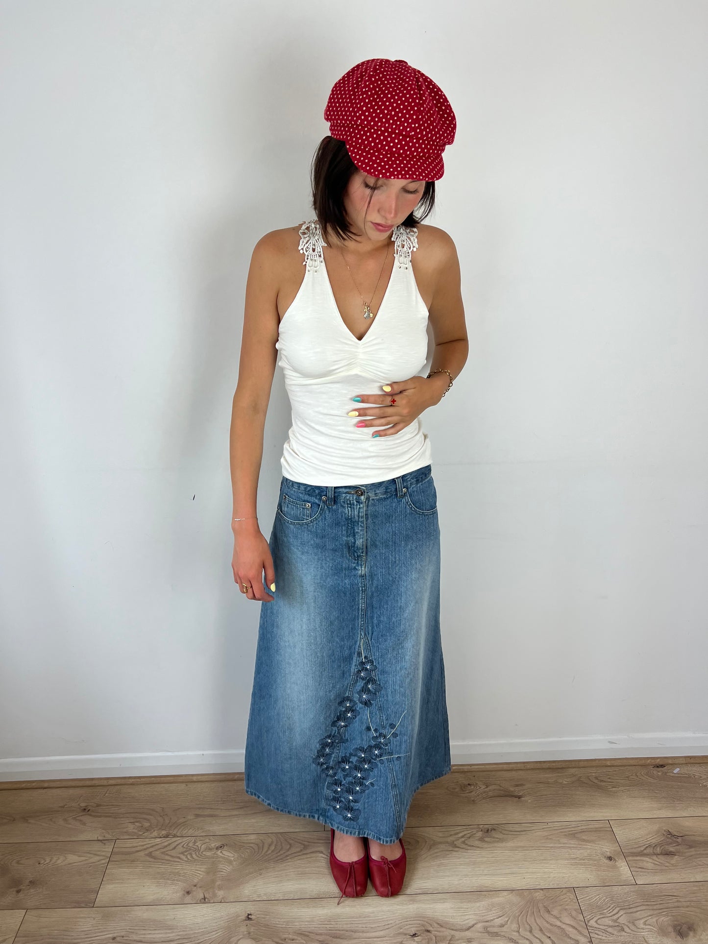 Vintage denim floral embroidered maxi skirt, S/M