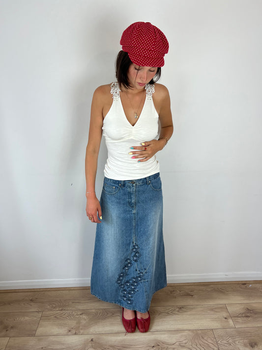 Vintage denim floral embroidered maxi skirt, S/M