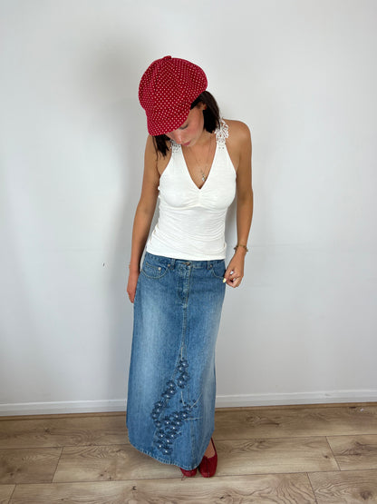 Vintage denim floral embroidered maxi skirt, S/M