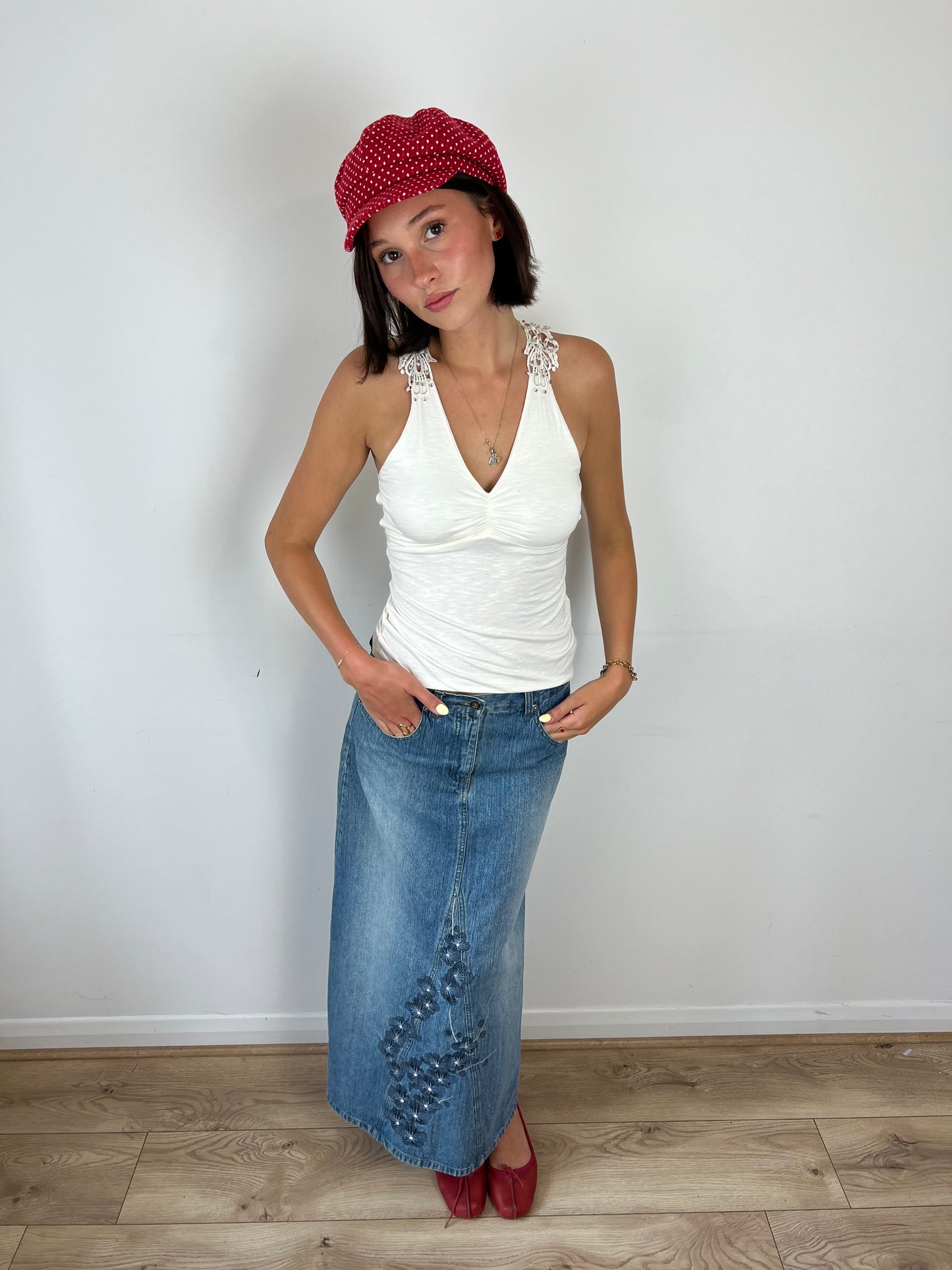 Vintage denim floral embroidered maxi skirt, S/M
