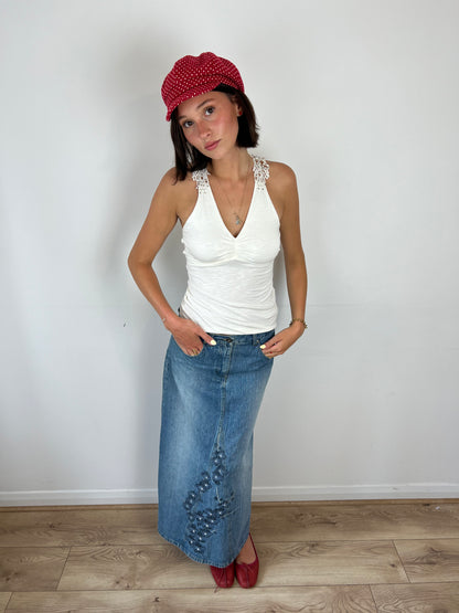 Vintage denim floral embroidered maxi skirt, S/M
